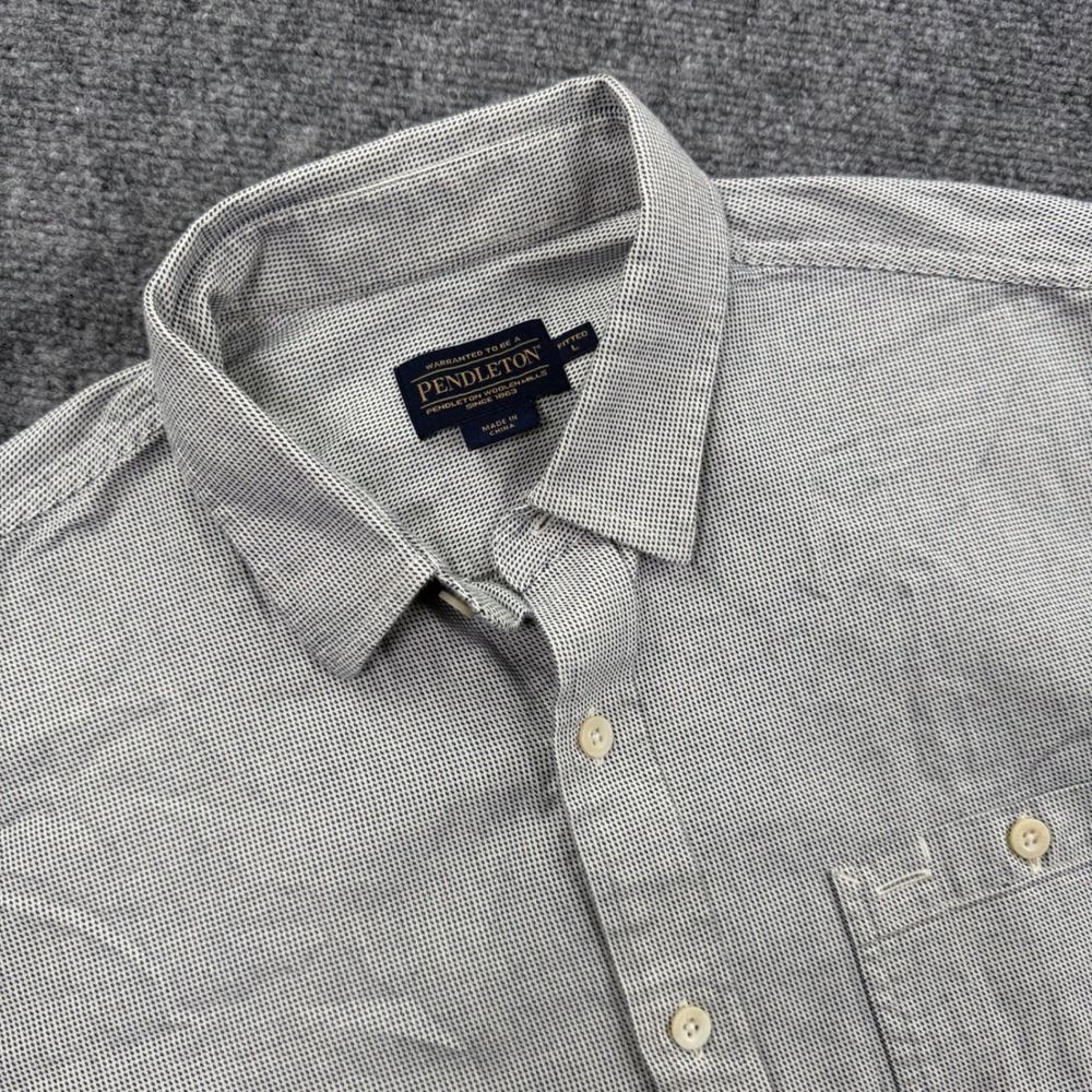 Pendleton Button Up Shirt Large Grey Micro Pattern Short Sleeve Fitted Mens
